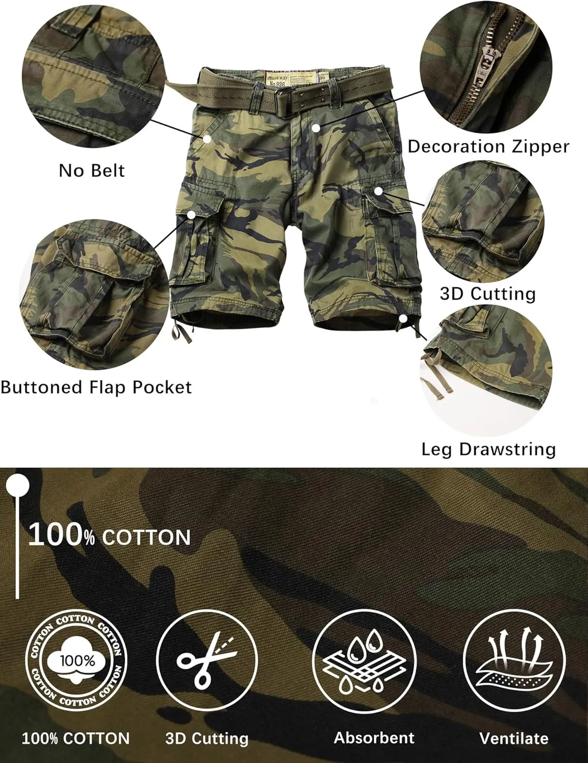 Camo Cargo Shorts for Men Cotton Casual Wild Outdoor Work Relaxed Fit Shorts with Multi-Pockets