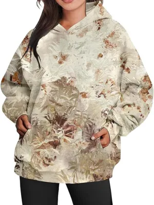 Camo Hoodie Womens Maple Leaf Print Oversized Hooded Sweatshirt Fleece Sweatshirts Casual Long Sleeve Pullover 2024