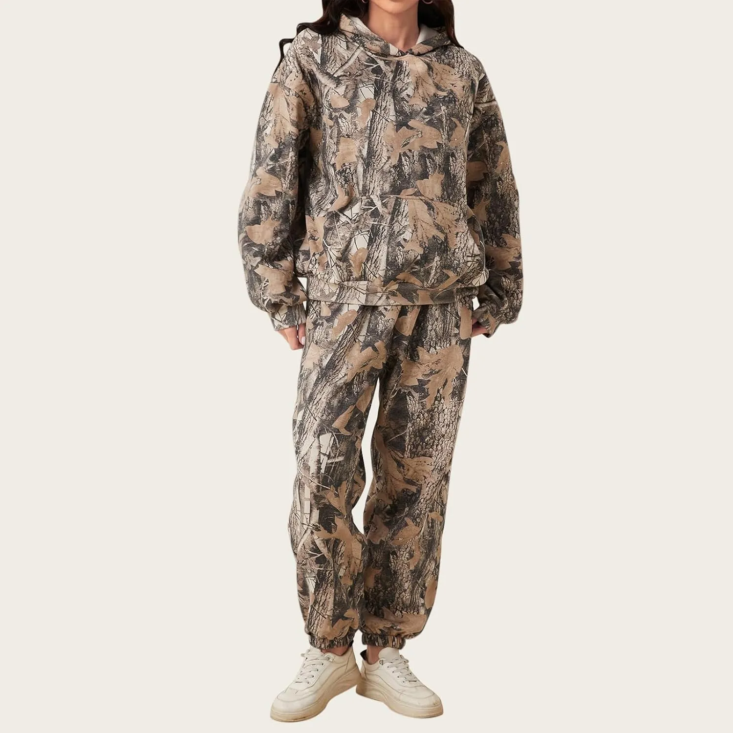 Camo Sweatsuits Women 2 Piece Outfit Camo Hoodies Pullover Maple Leaf Print Oversized Sweatshirt Joggers Sweat Sets