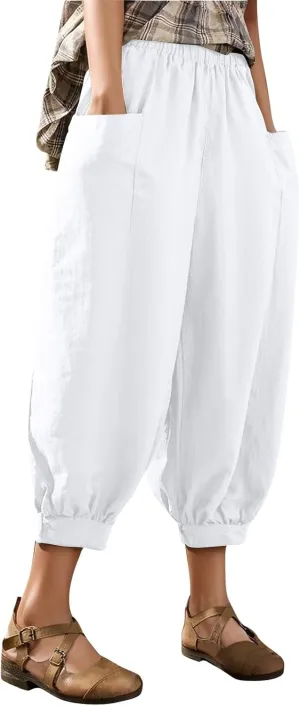 Capri Linen Pant for Women 2025 Summer Casual High Waist Linen Pant Straight Wide Leg Cropped Beach Pant