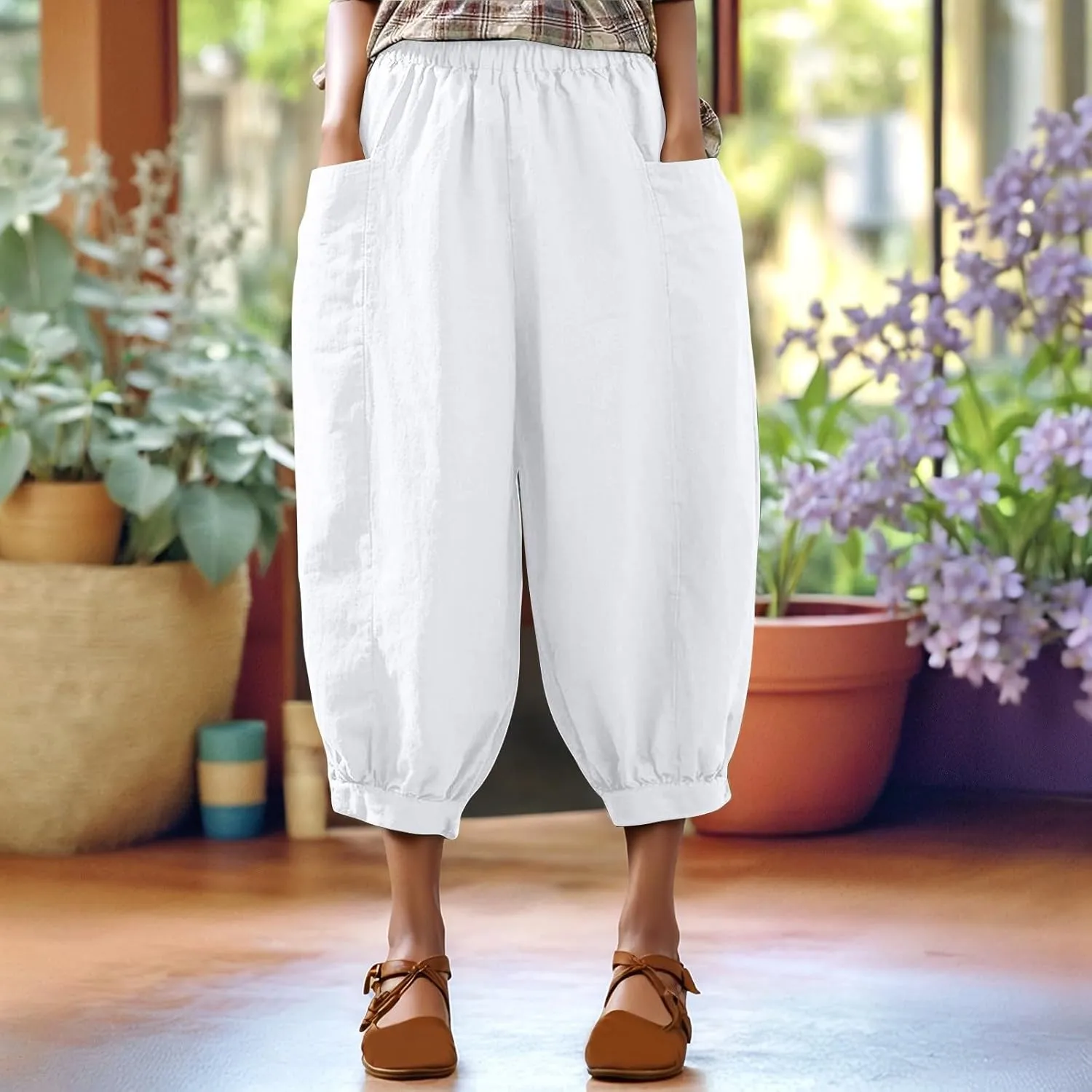 Capri Linen Pant for Women 2025 Summer Casual High Waist Linen Pant Straight Wide Leg Cropped Beach Pant
