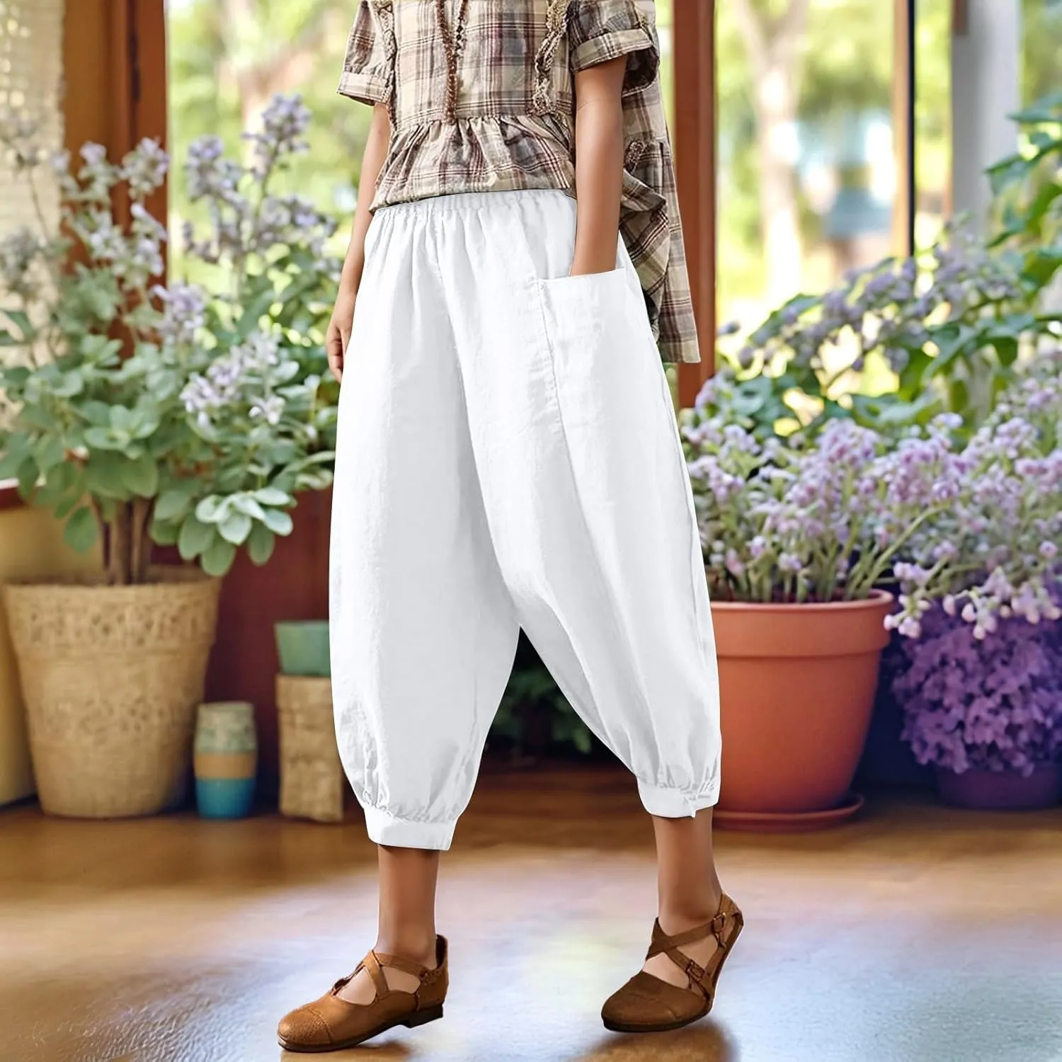 Capri Linen Pant for Women 2025 Summer Casual High Waist Linen Pant Straight Wide Leg Cropped Beach Pant