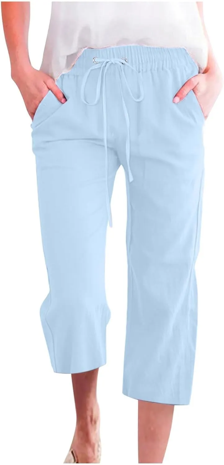 Capri Linen Pants Women Casual Summer Capris Drawstring Wide Leg Elastic High Waist Pant Cropped Trouser
