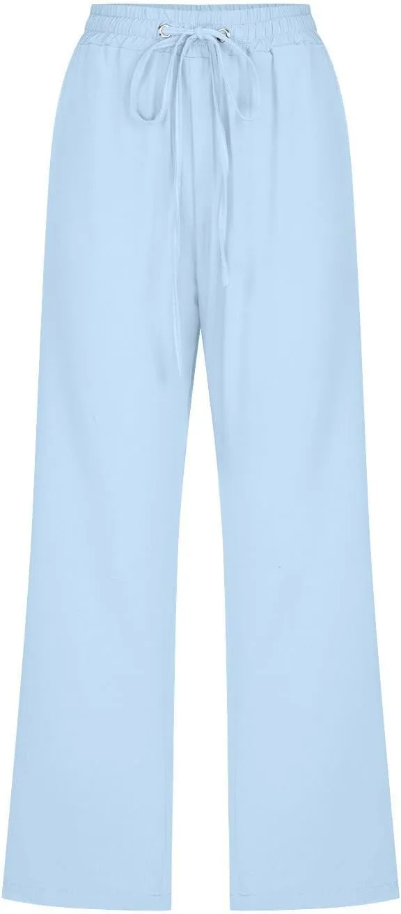 Capri Linen Pants Women Casual Summer Capris Drawstring Wide Leg Elastic High Waist Pant Cropped Trouser