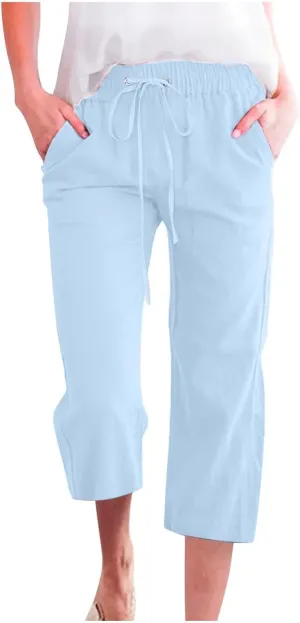 Capri Linen Pants Women Casual Summer Capris Drawstring Wide Leg Elastic High Waist Pant Cropped Trouser