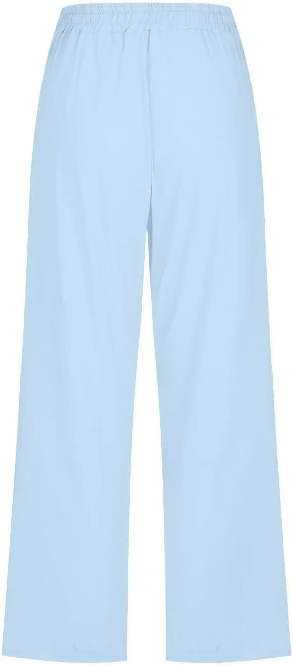 Capri Linen Pants Women Casual Summer Capris Drawstring Wide Leg Elastic High Waist Pant Cropped Trouser