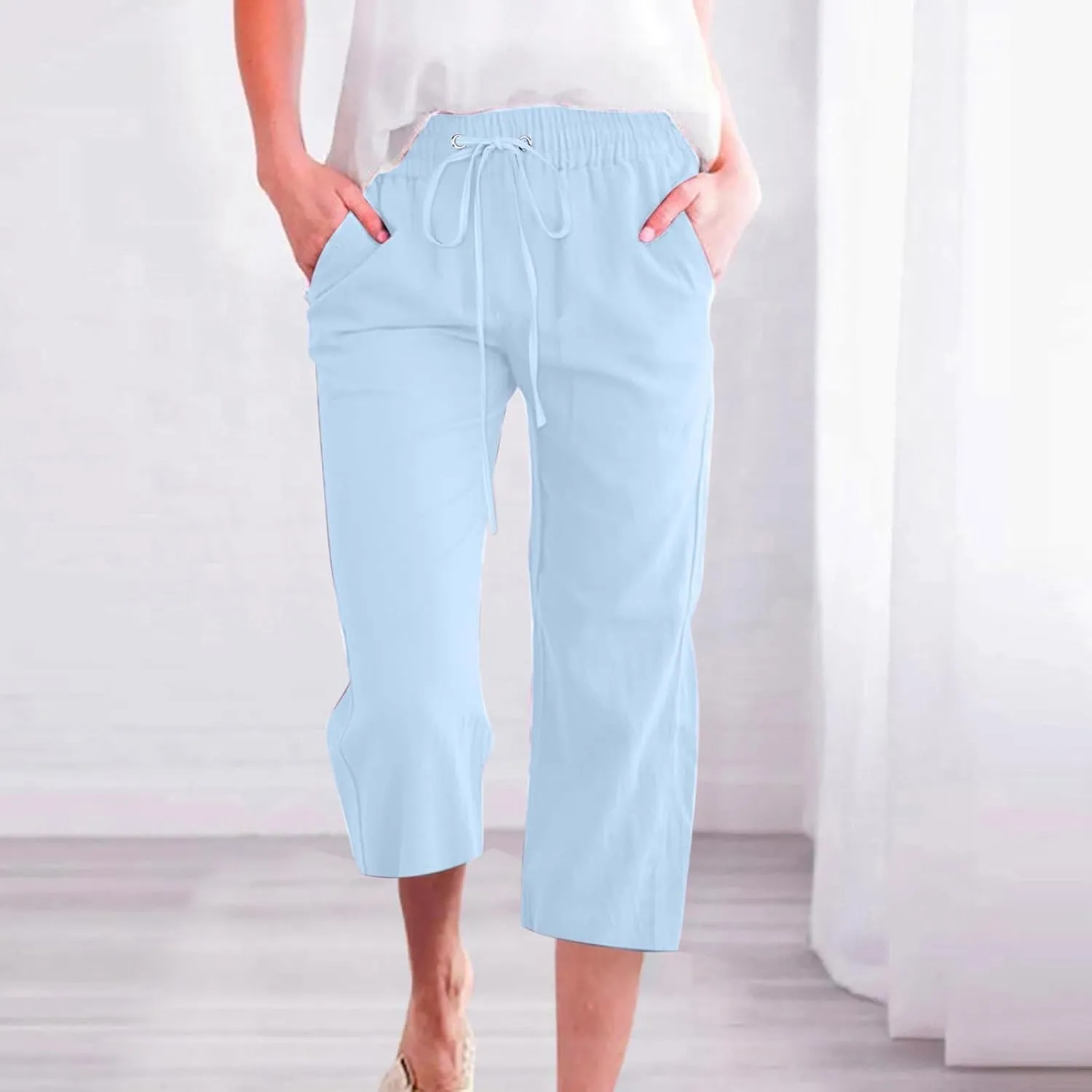 Capri Linen Pants Women Casual Summer Capris Drawstring Wide Leg Elastic High Waist Pant Cropped Trouser