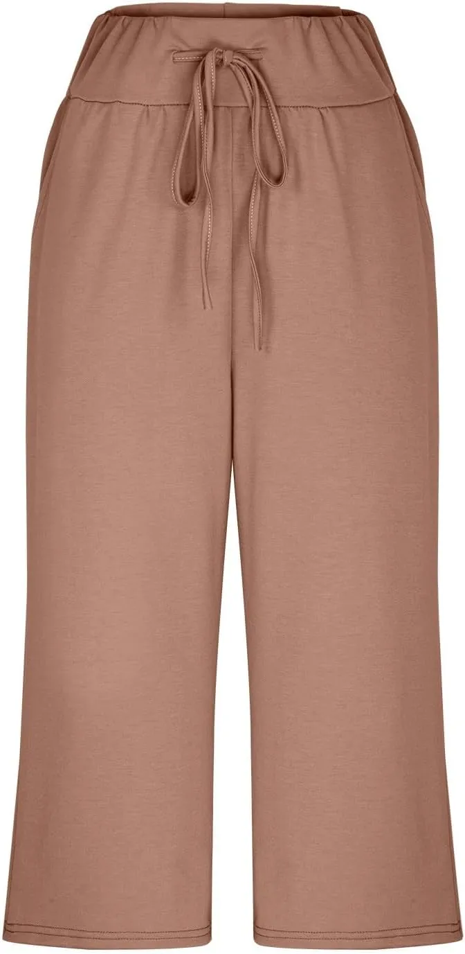 Capri Pants for Women 2024 Summer High Waisted Wide Leg Pants Casual Drawstring Polyester Trousers with Pockets