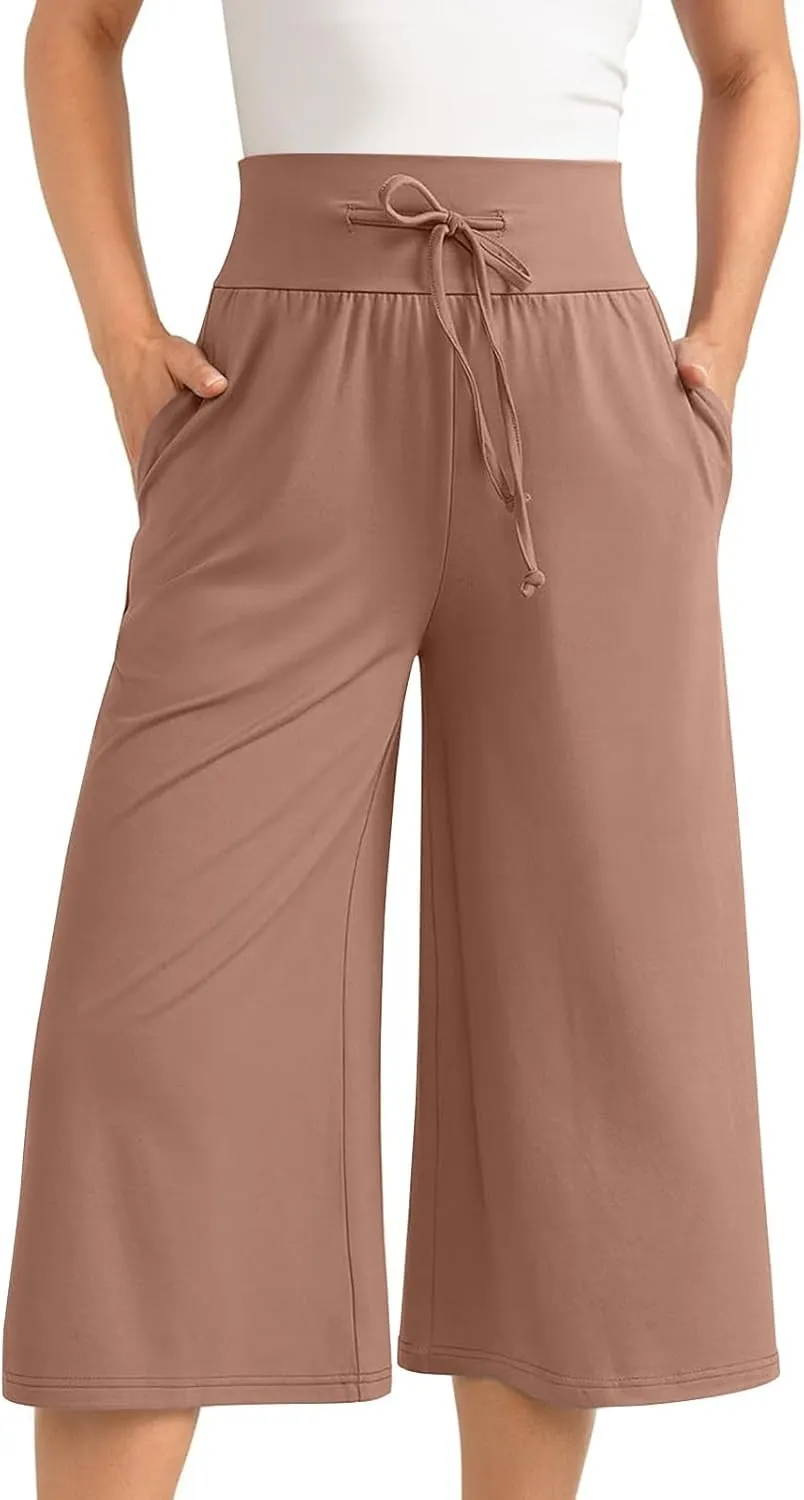 Capri Pants for Women 2024 Summer High Waisted Wide Leg Pants Casual Drawstring Polyester Trousers with Pockets