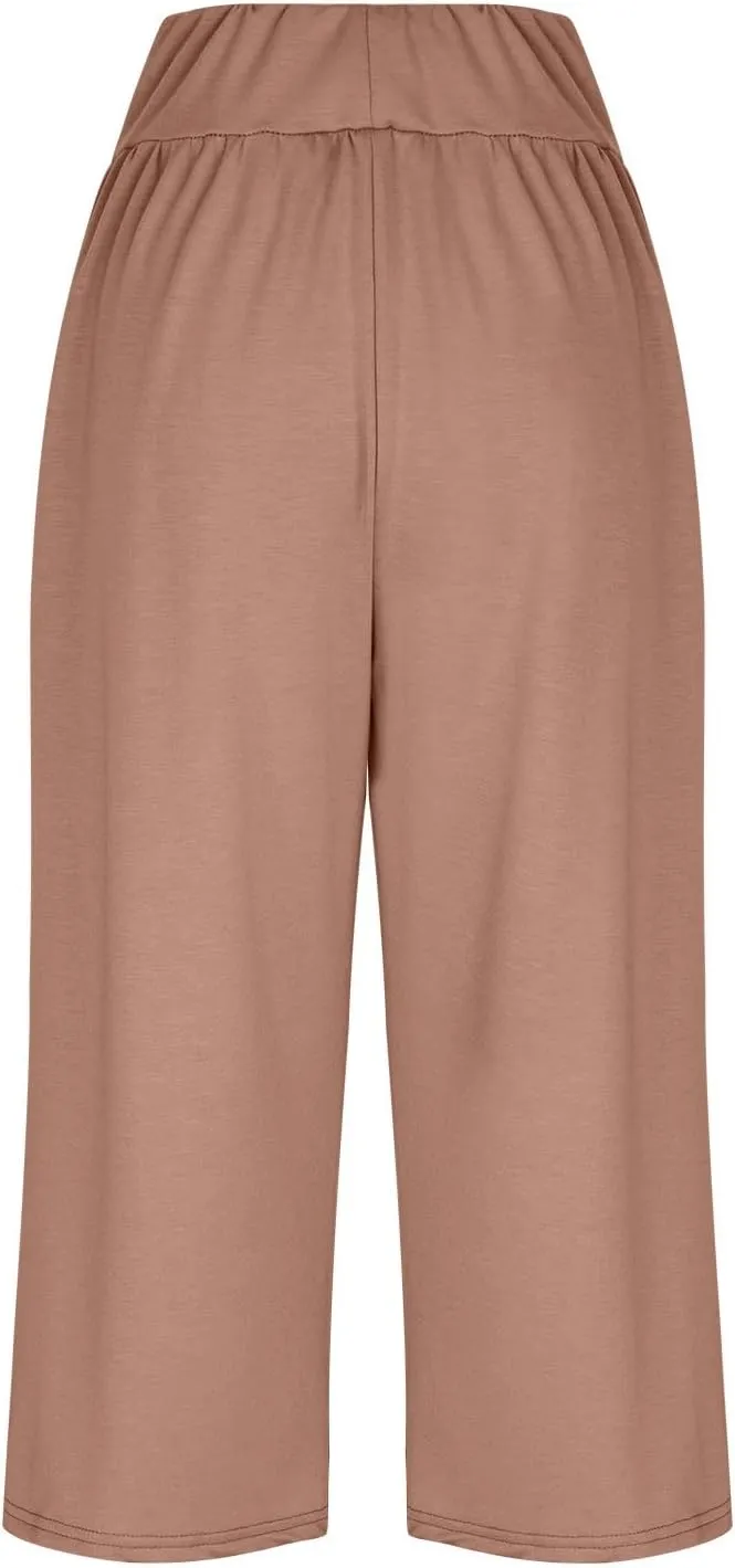 Capri Pants for Women 2024 Summer High Waisted Wide Leg Pants Casual Drawstring Polyester Trousers with Pockets