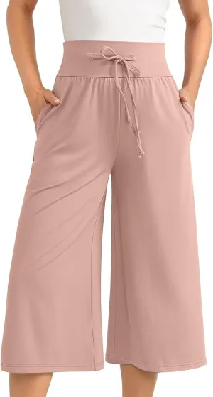 Capri Pants for Women 2024 Summer High Waisted Wide Leg Pants Casual Drawstring Polyester Trousers with Pockets
