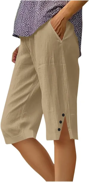 Capri Pants for Women 2025 Knee Length Cotton Linen Capris Summer Straight Leg Loose Beach Bermuda Shorts with Pocket