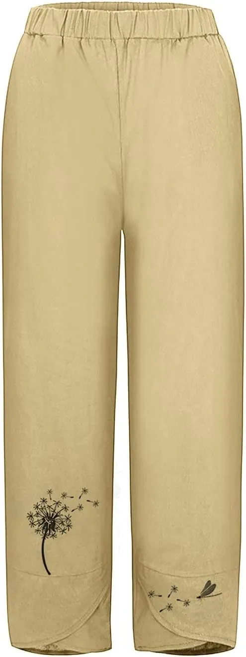 Capri Pants for Women 2025 Summer Cotton Linen Dandelion Cropped Pants High Waisted Baggy Beach Trousers with Pockets