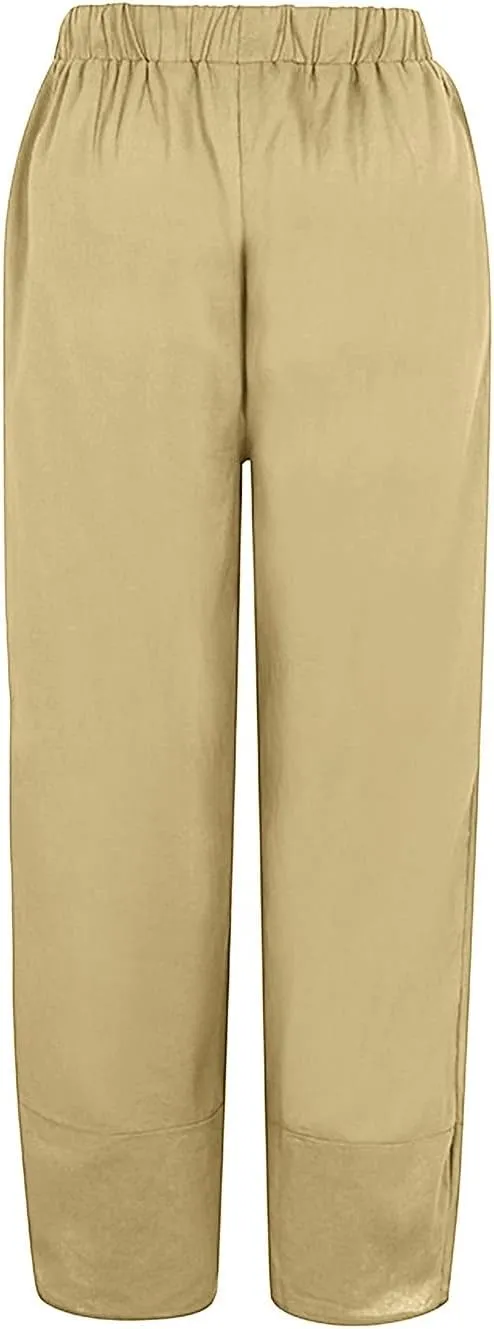 Capri Pants for Women 2025 Summer Cotton Linen Dandelion Cropped Pants High Waisted Baggy Beach Trousers with Pockets