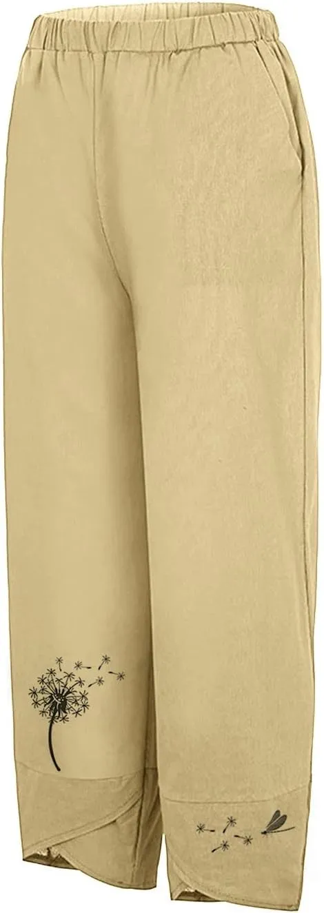 Capri Pants for Women 2025 Summer Cotton Linen Dandelion Cropped Pants High Waisted Baggy Beach Trousers with Pockets