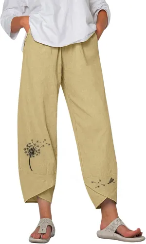 Capri Pants for Women 2025 Summer Cotton Linen Dandelion Cropped Pants High Waisted Baggy Beach Trousers with Pockets