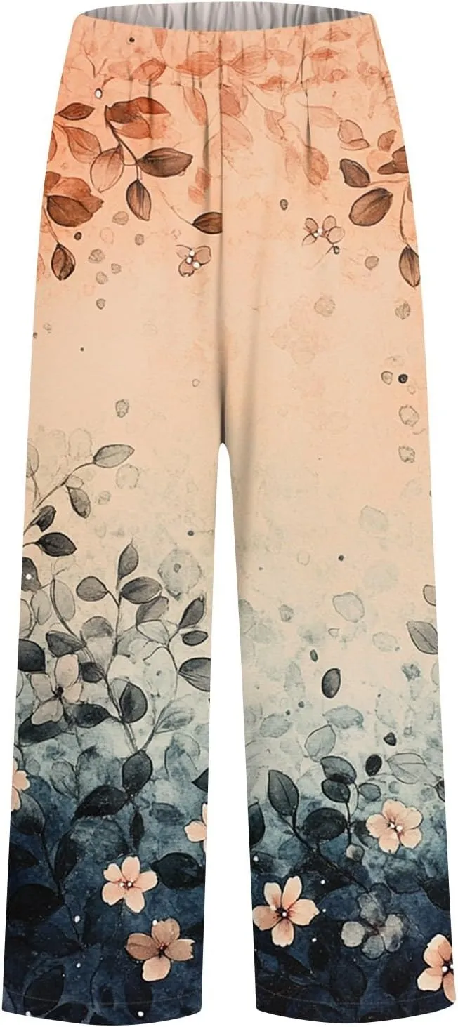 Capri Pants for Women Boho Floral Casual Linen Pants Elastic Waisted Drawstring Summer Beach Trouser with Pockets