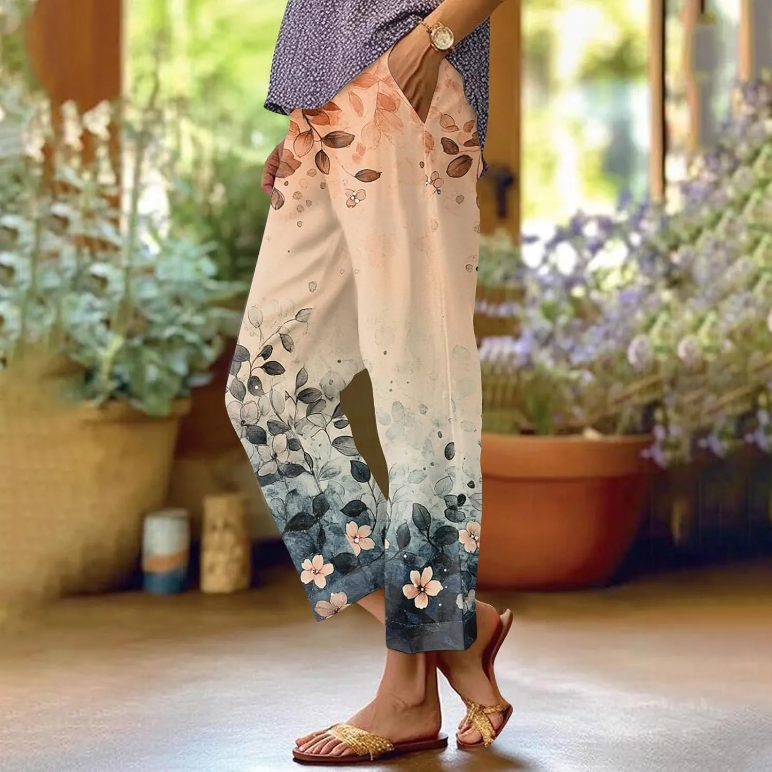 Capri Pants for Women Boho Floral Casual Linen Pants Elastic Waisted Drawstring Summer Beach Trouser with Pockets