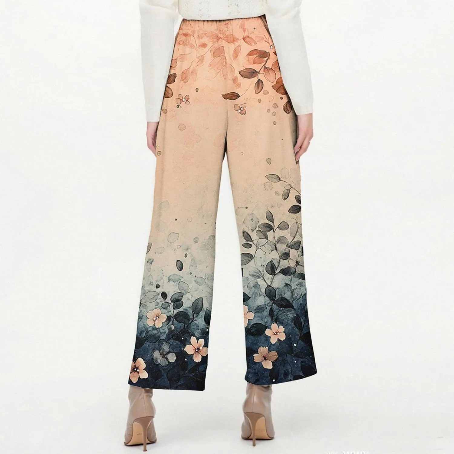 Capri Pants for Women Boho Floral Casual Linen Pants Elastic Waisted Drawstring Summer Beach Trouser with Pockets