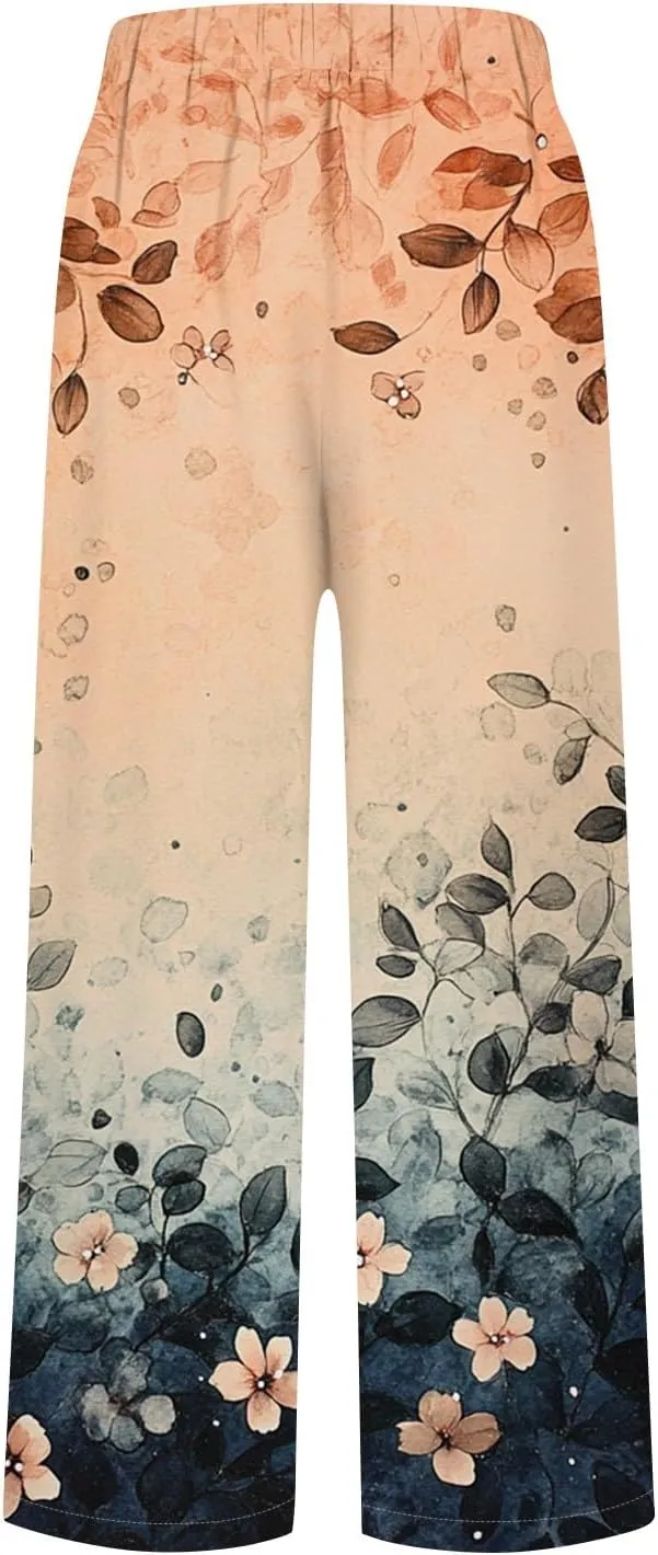 Capri Pants for Women Boho Floral Casual Linen Pants Elastic Waisted Drawstring Summer Beach Trouser with Pockets