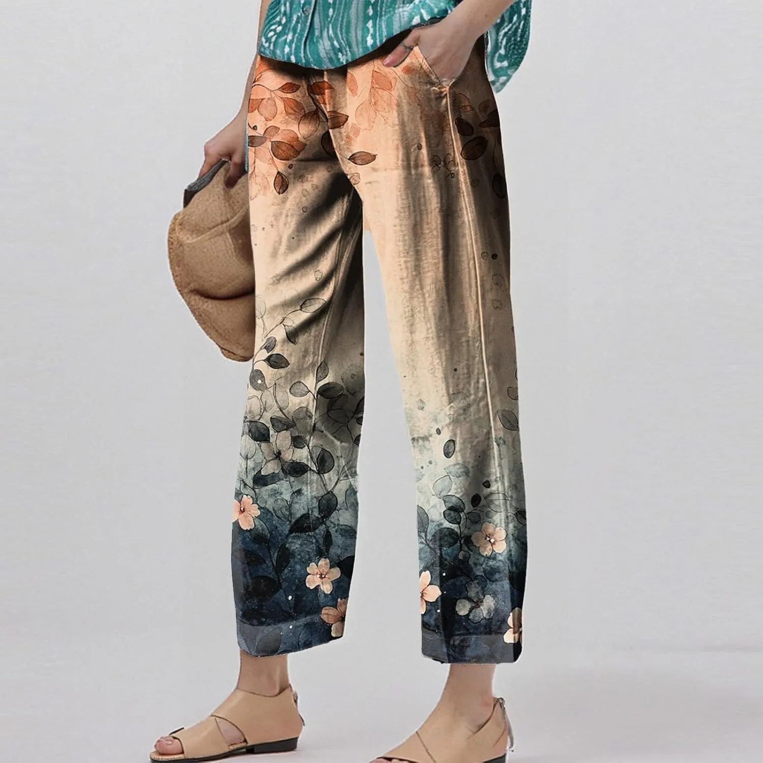 Capri Pants for Women Boho Floral Casual Linen Pants Elastic Waisted Drawstring Summer Beach Trouser with Pockets