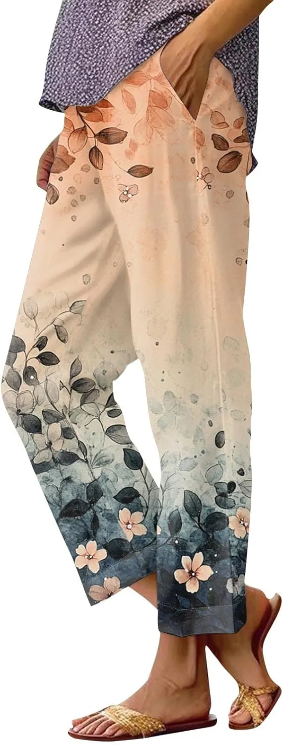 Capri Pants for Women Boho Floral Casual Linen Pants Elastic Waisted Drawstring Summer Beach Trouser with Pockets