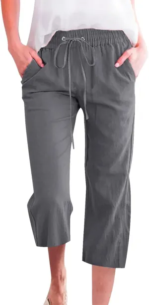 Capri Pants for Women Casual 2025 Summer Drawstring Elastic High Waist Linen Pant Straight Wide Leg Cropped Trouser
