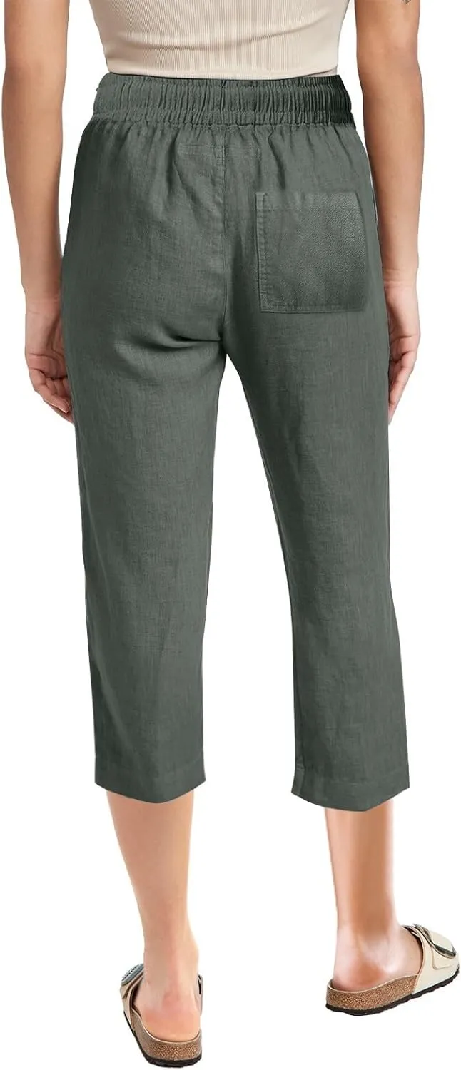 Capri Pants for Women Casual 2025 Summer Drawstring Elastic High Waist Linen Pant Straight Wide Leg Cropped Trouser