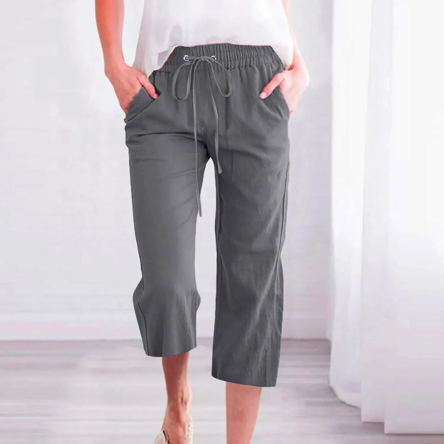 Capri Pants for Women Casual 2025 Summer Drawstring Elastic High Waist Linen Pant Straight Wide Leg Cropped Trouser