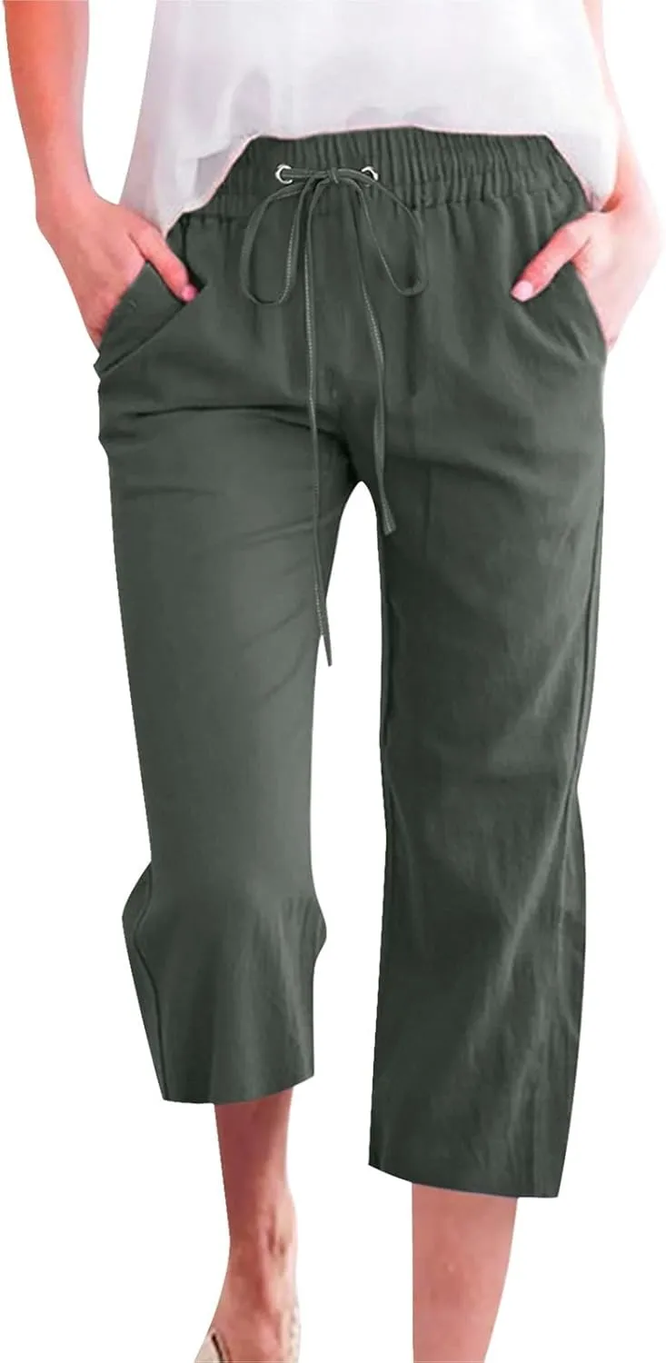 Capri Pants for Women Casual 2025 Summer Drawstring Elastic High Waist Linen Pant Straight Wide Leg Cropped Trouser