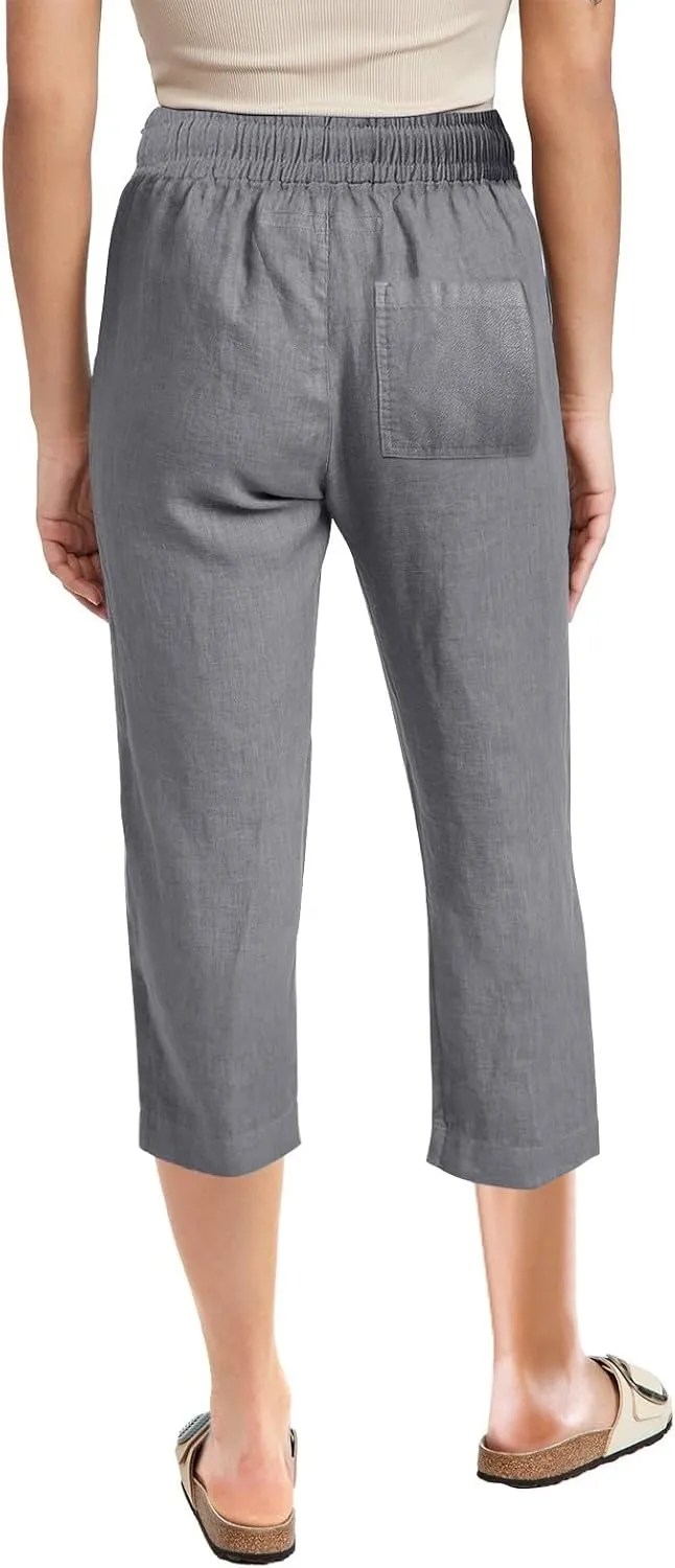 Capri Pants for Women Casual 2025 Summer Drawstring Elastic High Waist Linen Pant Straight Wide Leg Cropped Trouser
