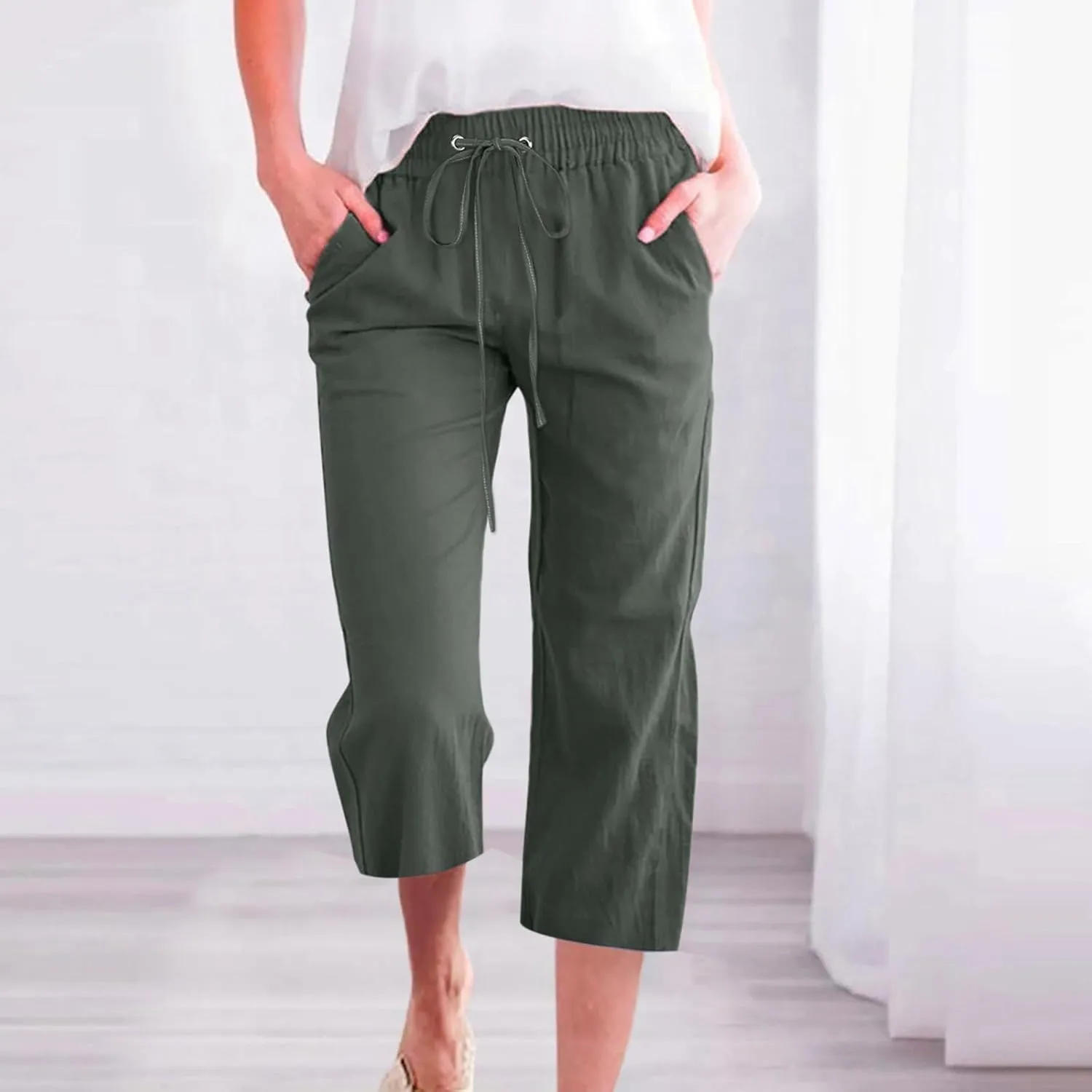 Capri Pants for Women Casual 2025 Summer Drawstring Elastic High Waist Linen Pant Straight Wide Leg Cropped Trouser