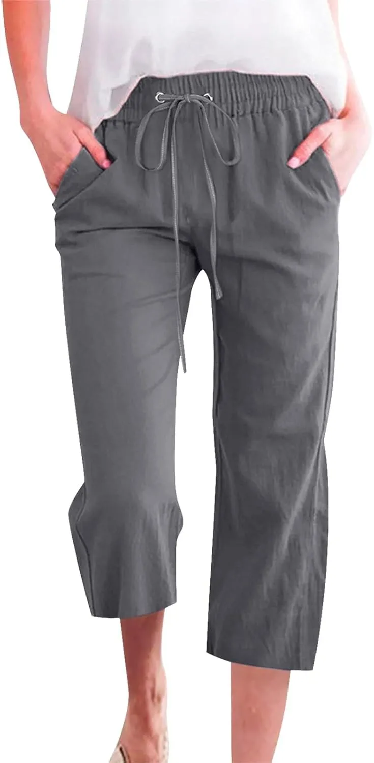 Capri Pants for Women Casual 2025 Summer Drawstring Elastic High Waist Linen Pant Straight Wide Leg Cropped Trouser