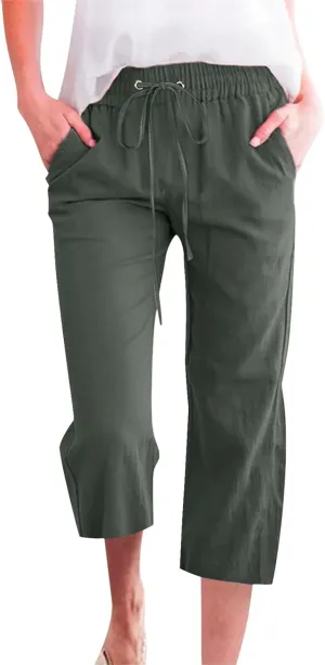 Capri Pants for Women Casual 2025 Summer Drawstring Elastic High Waist Linen Pant Straight Wide Leg Cropped Trouser