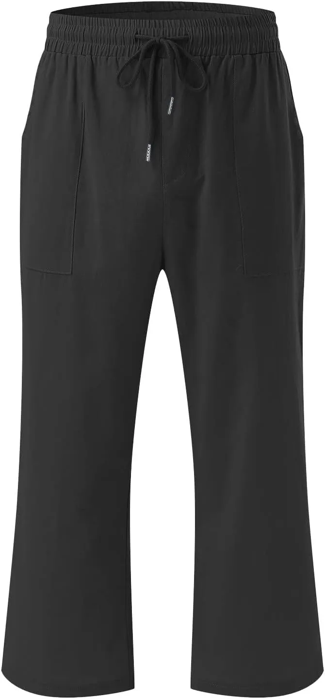 Capri Pants for Women Casual Linen Pants Summer Elastic High Waist Capris Loose Fit Straight Wide Leg Cropped Trouser