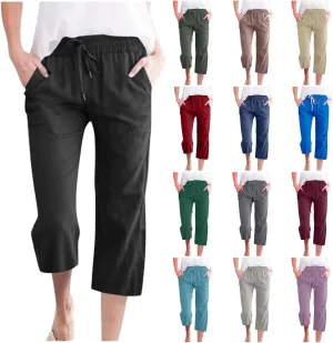 Capri Pants for Women Casual Linen Pants Summer Elastic High Waist Capris Loose Fit Straight Wide Leg Cropped Trouser