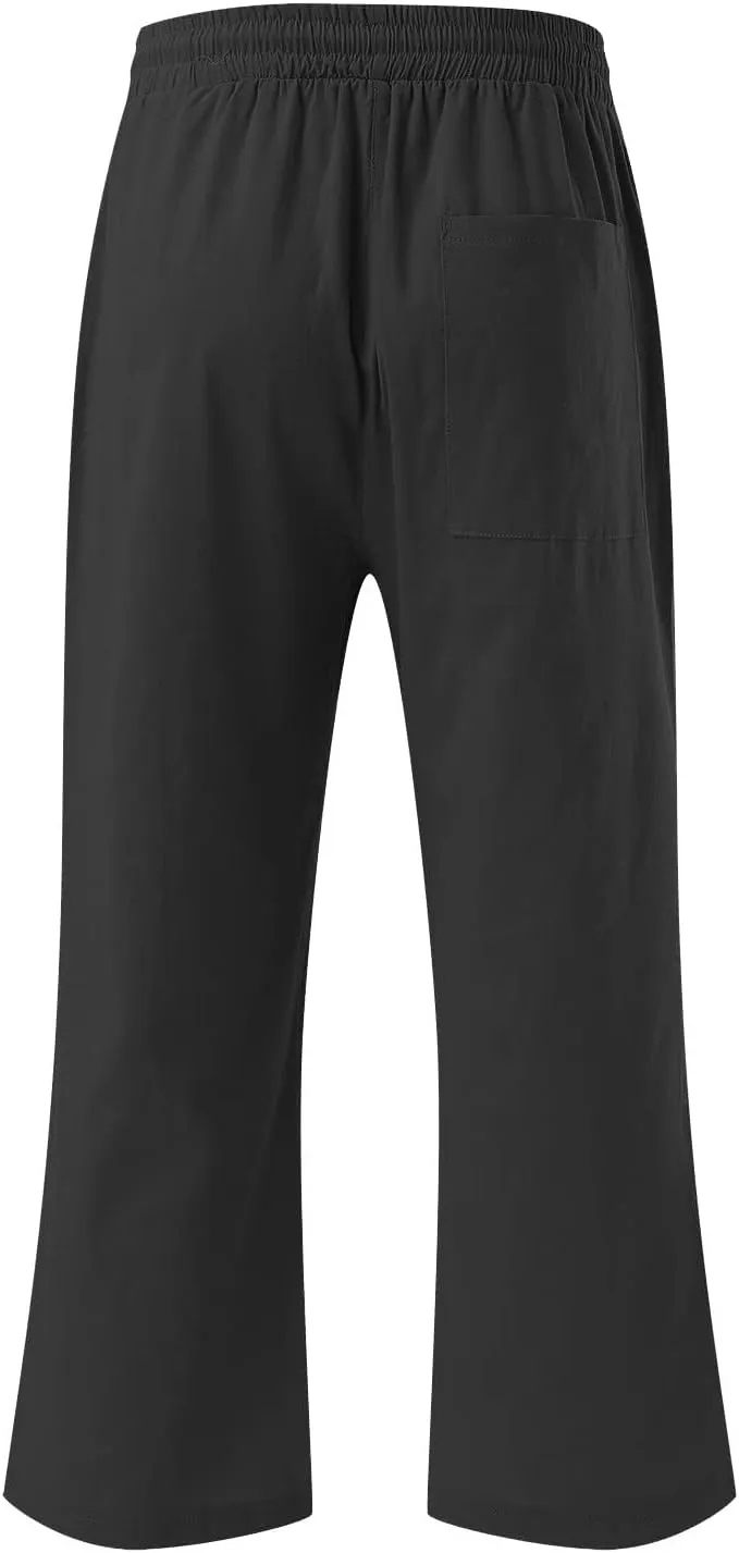 Capri Pants for Women Casual Linen Pants Summer Elastic High Waist Capris Loose Fit Straight Wide Leg Cropped Trouser
