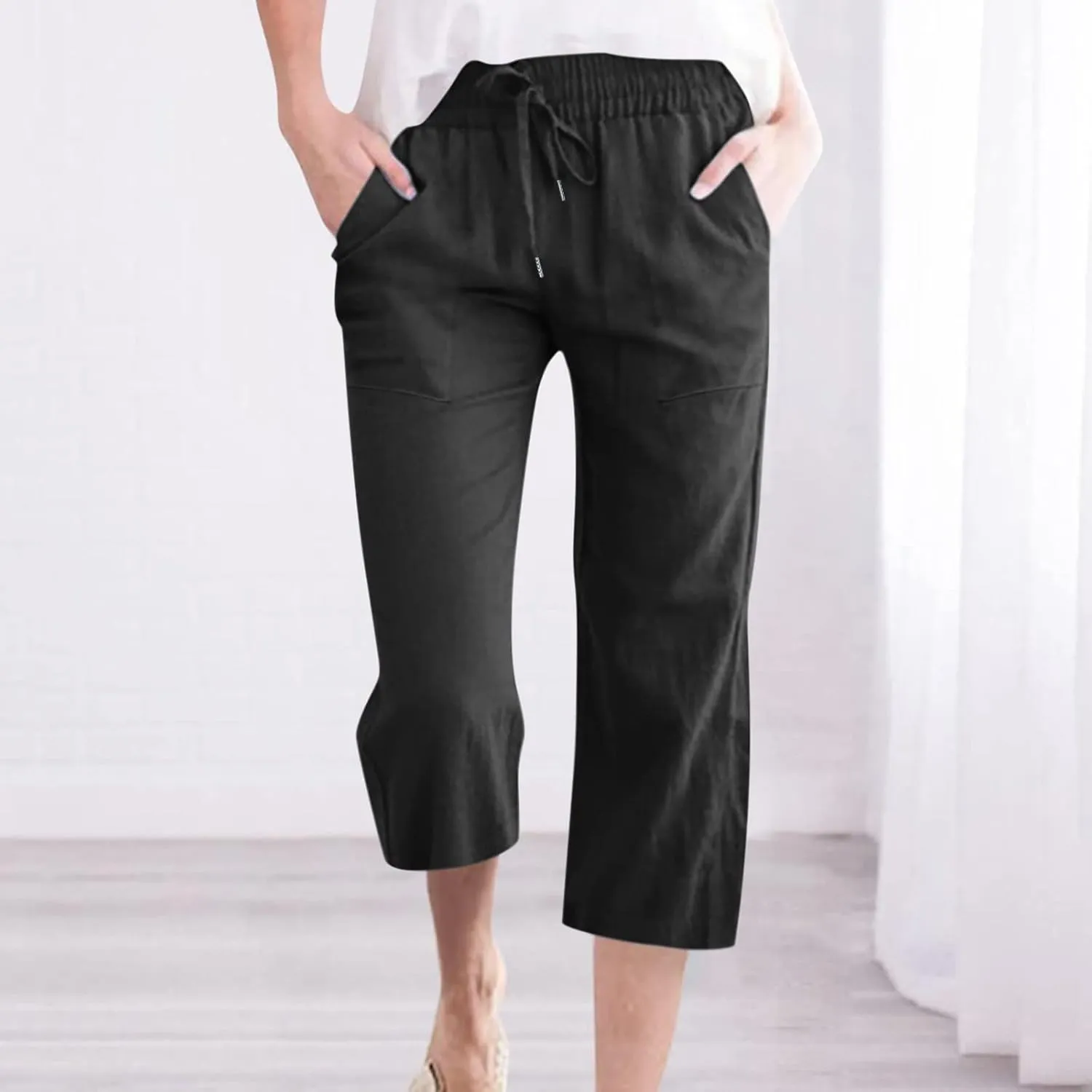 Capri Pants for Women Casual Linen Pants Summer Elastic High Waist Capris Loose Fit Straight Wide Leg Cropped Trouser