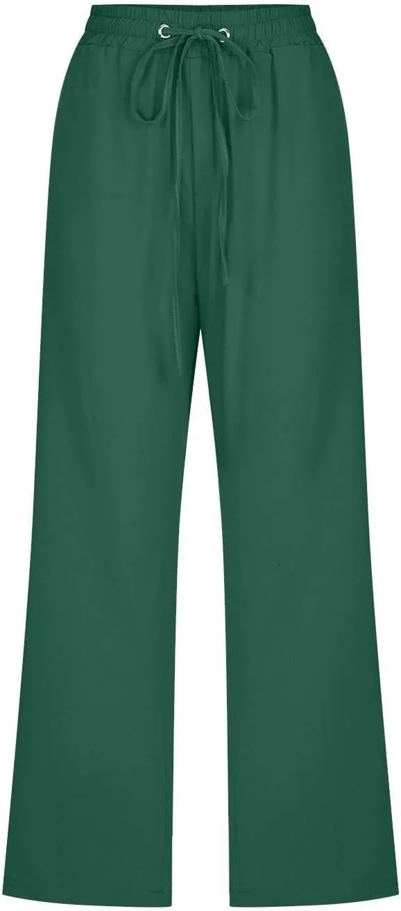 Capri Pants for Women Cotton Linen Casual Summer Pants Plus Size Drawstring Elastic Waist Capris with Pockets