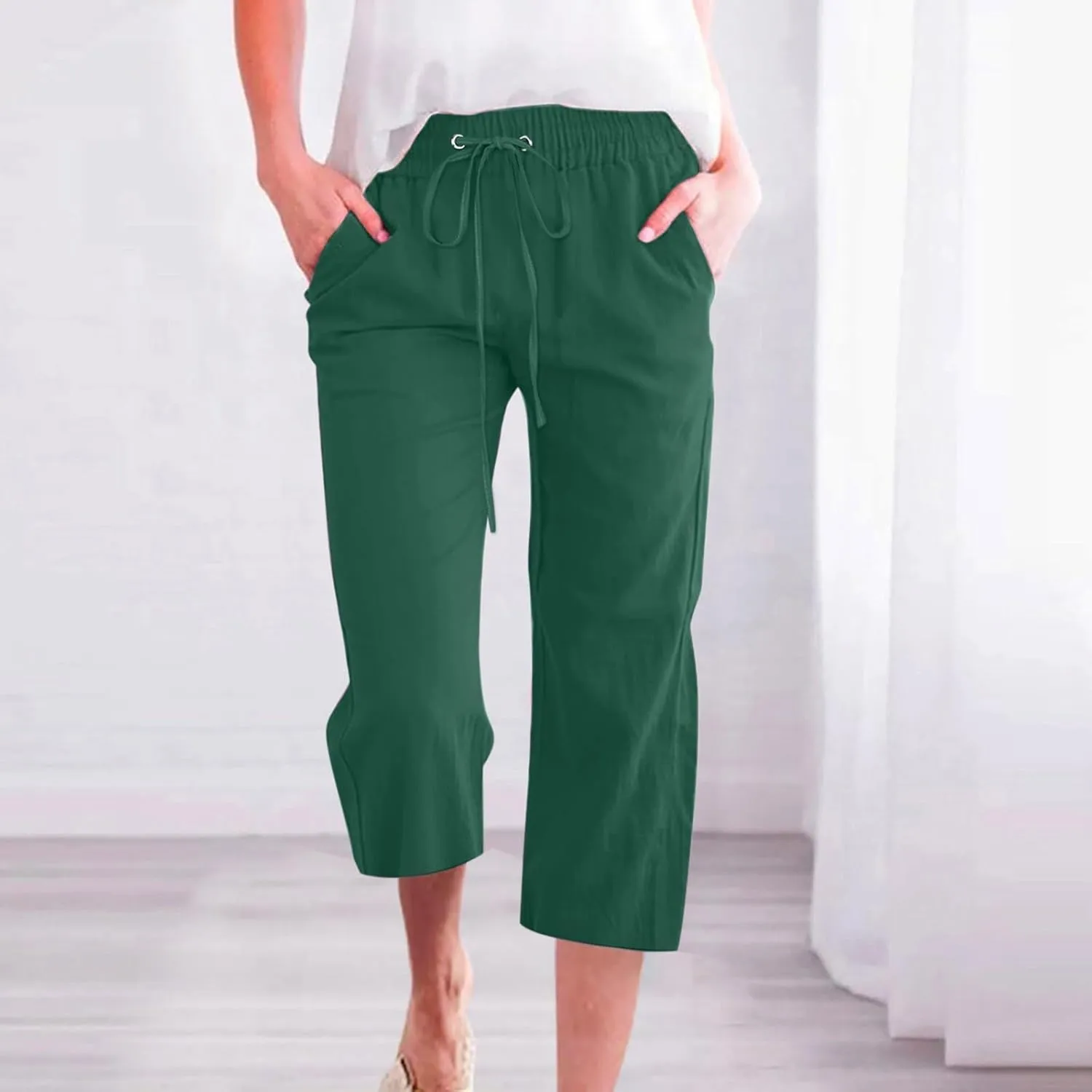 Capri Pants for Women Cotton Linen Casual Summer Pants Plus Size Drawstring Elastic Waist Capris with Pockets