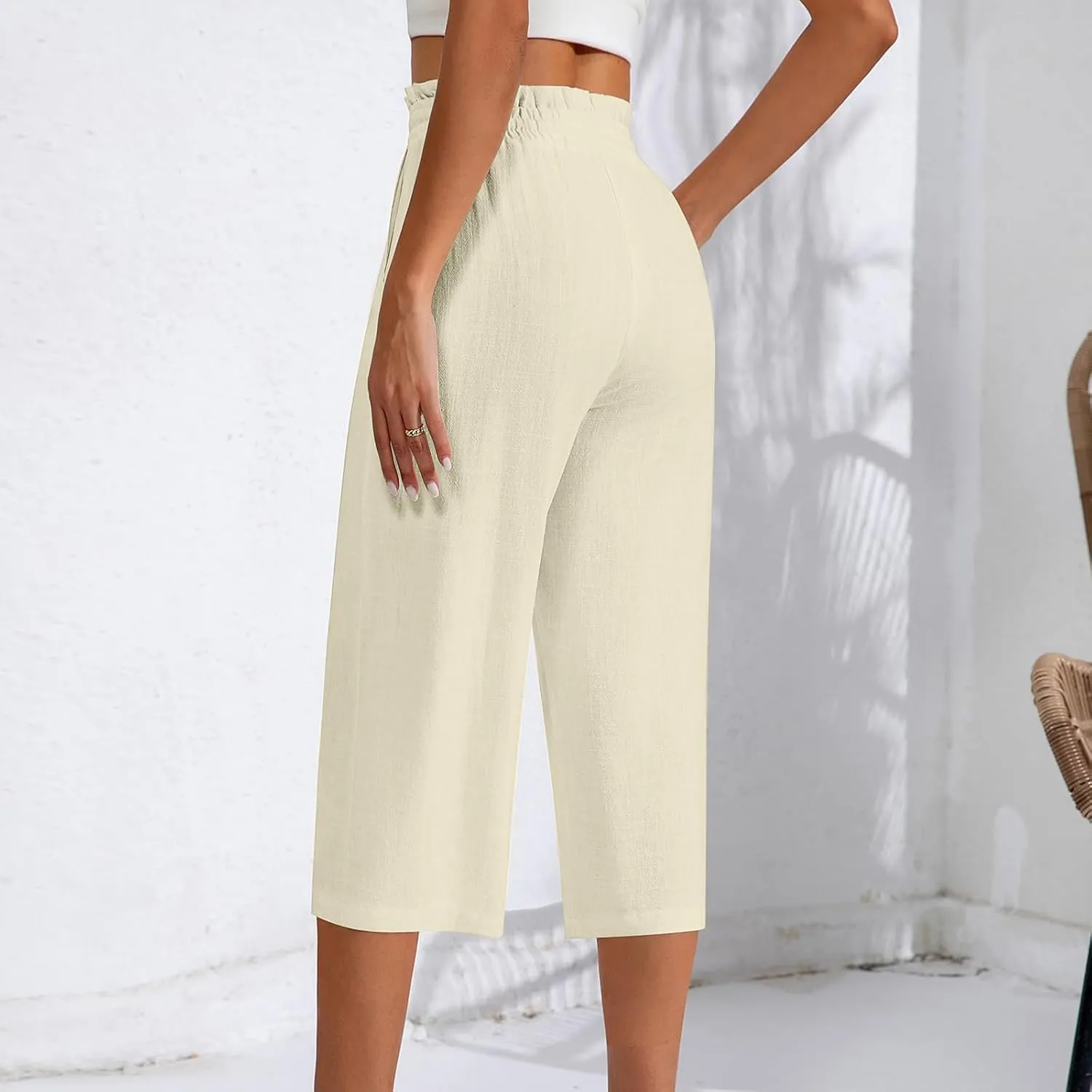 Capri Pants for Women Elastic High Wasited Ruffle Straight Leg Linen Pants with Pockets Casual Loose Fit Beach Trouser