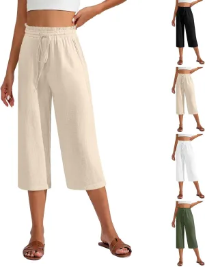 Capri Pants for Women Elastic High Wasited Ruffle Straight Leg Linen Pants with Pockets Casual Loose Fit Beach Trouser
