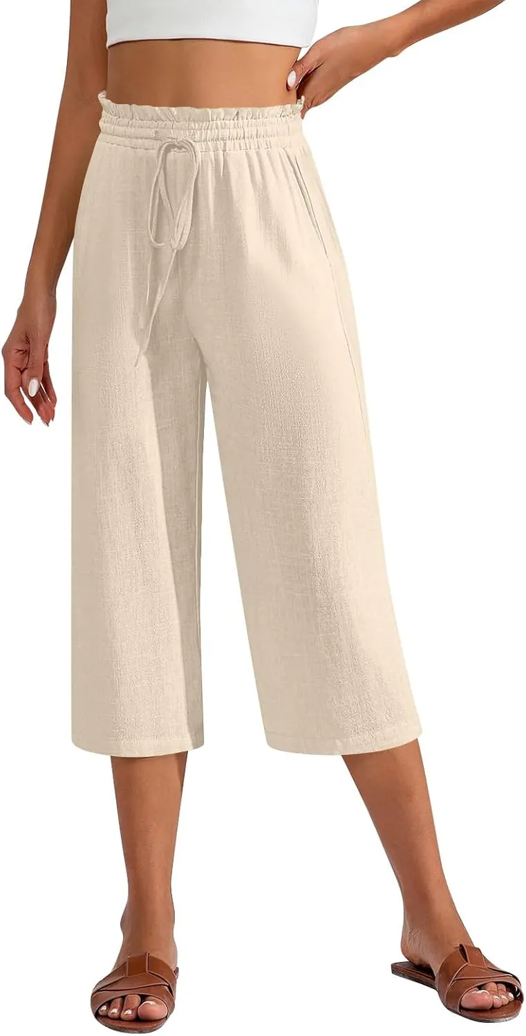 Capri Pants for Women Elastic High Wasited Ruffle Straight Leg Linen Pants with Pockets Casual Loose Fit Beach Trouser