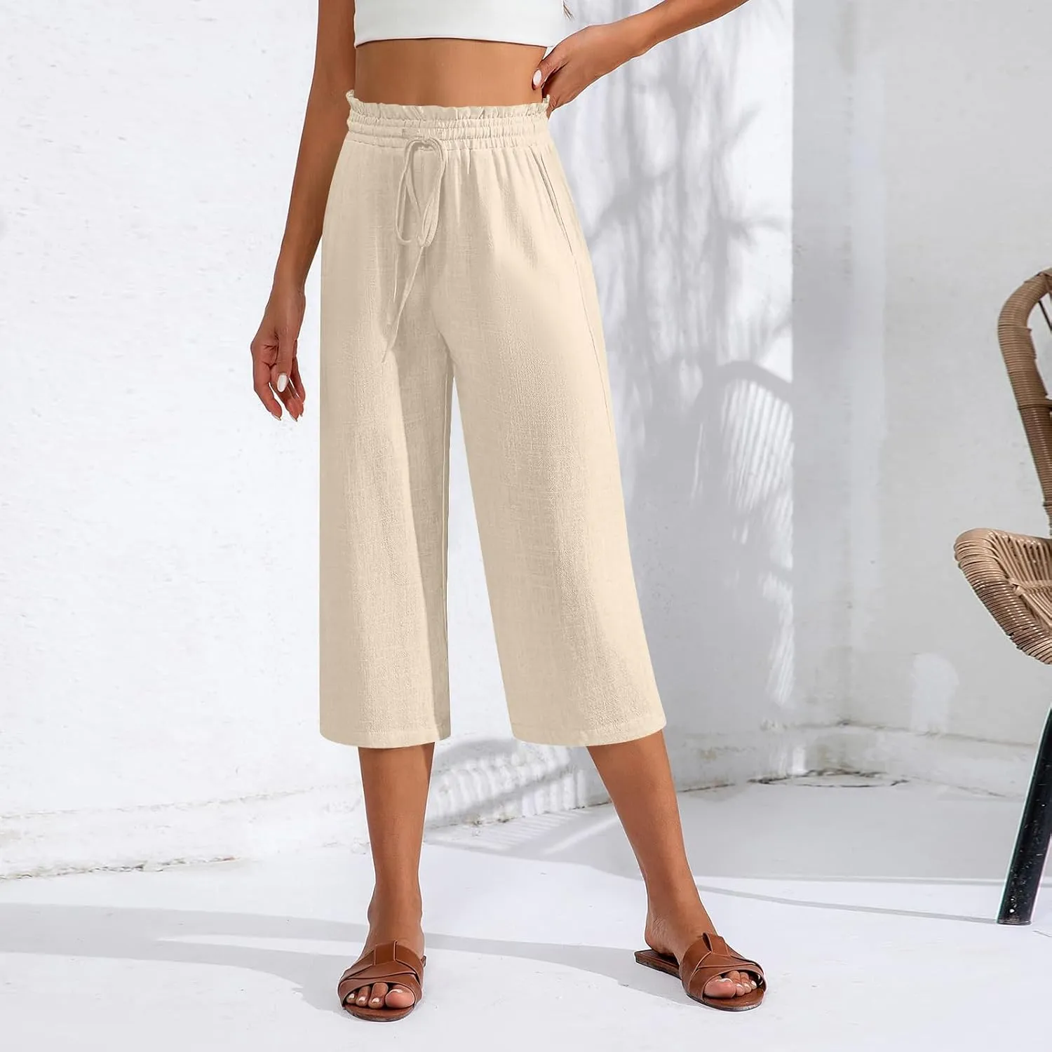 Capri Pants for Women Elastic High Wasited Ruffle Straight Leg Linen Pants with Pockets Casual Loose Fit Beach Trouser