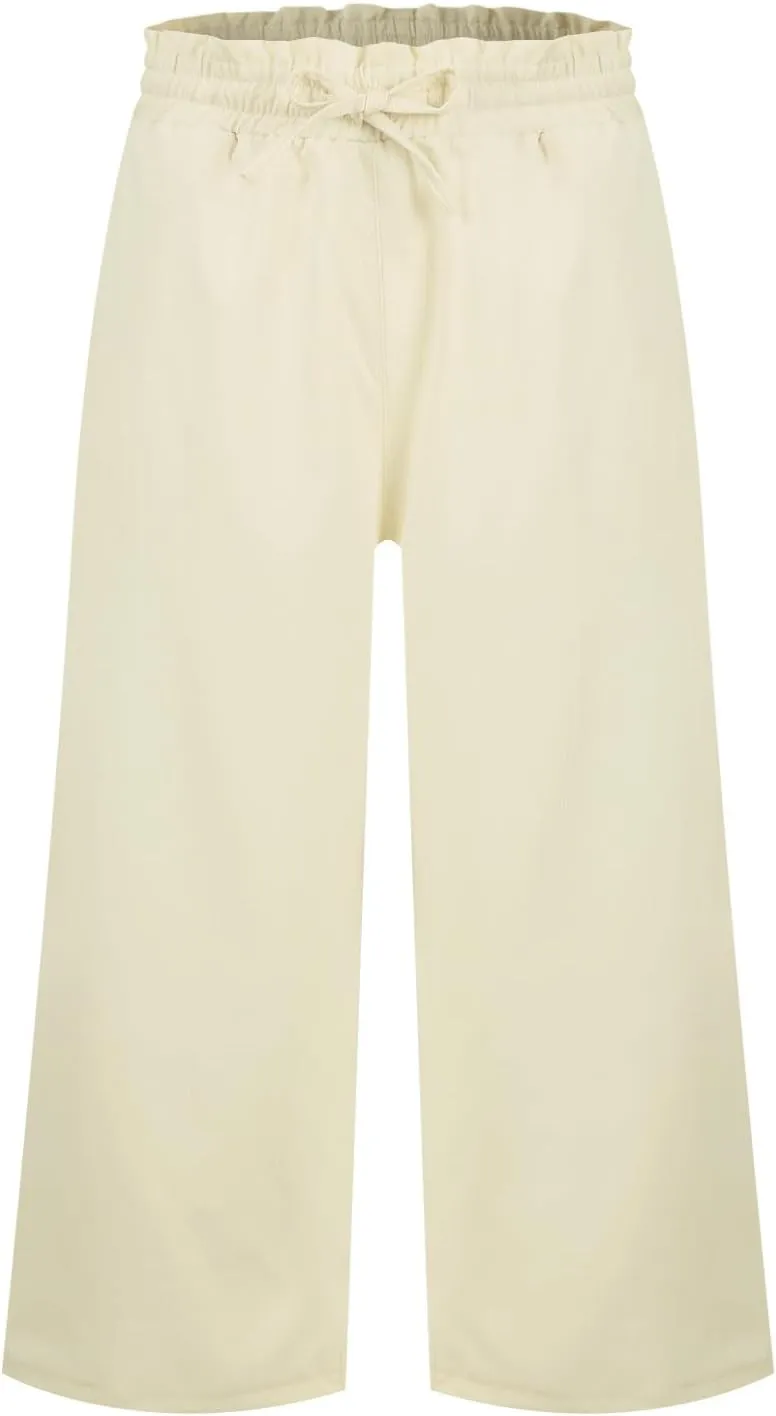Capri Pants for Women Elastic High Wasited Ruffle Straight Leg Linen Pants with Pockets Casual Loose Fit Beach Trouser