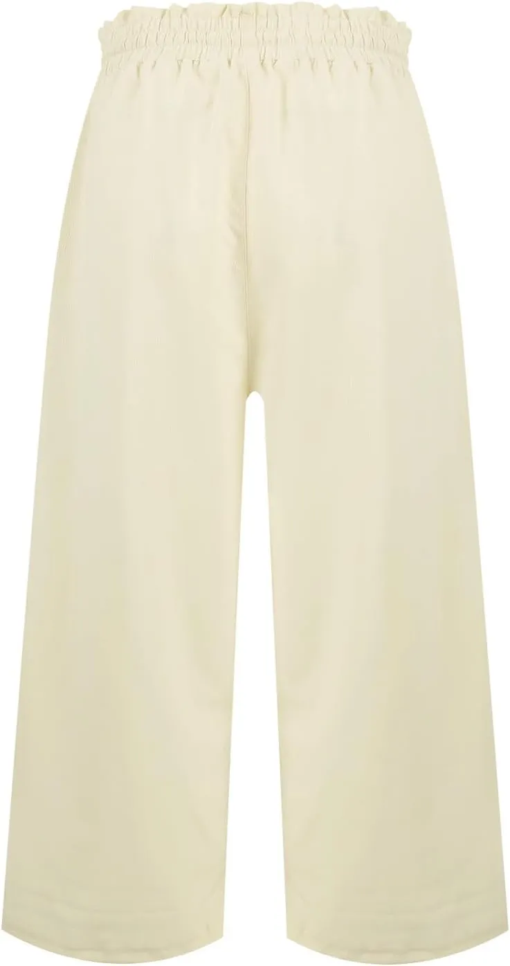Capri Pants for Women Elastic High Wasited Ruffle Straight Leg Linen Pants with Pockets Casual Loose Fit Beach Trouser