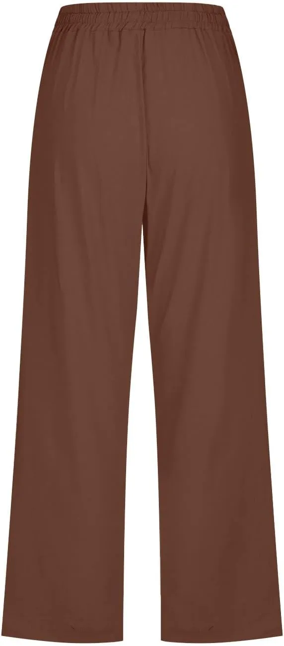 Capri Pants for Women High Waits - Casual 2025 Summer Drawstring Elastic Linen Pant Wide Leg Cropped Trousers