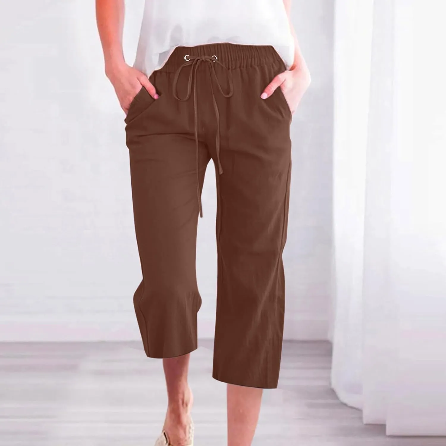 Capri Pants for Women High Waits - Casual 2025 Summer Drawstring Elastic Linen Pant Wide Leg Cropped Trousers