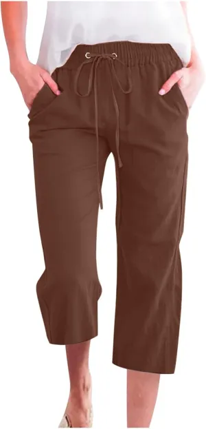 Capri Pants for Women High Waits - Casual 2025 Summer Drawstring Elastic Linen Pant Wide Leg Cropped Trousers