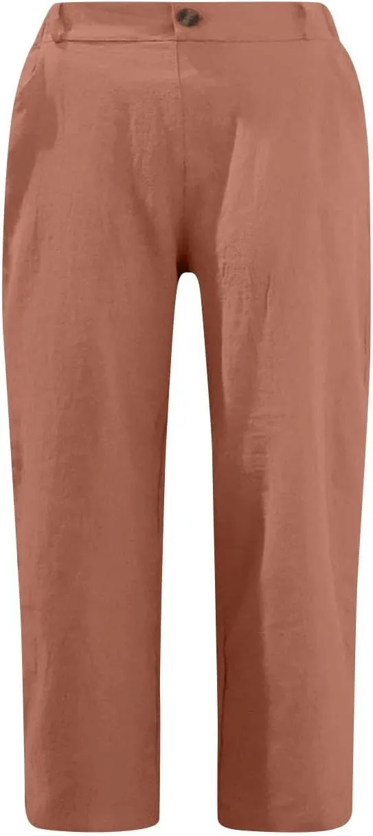 Capri Pants for Women Petite 2024 Solid Color Wed Leg Cropped Trouser with Pockets Elastic Waisted Summer Beach Pants